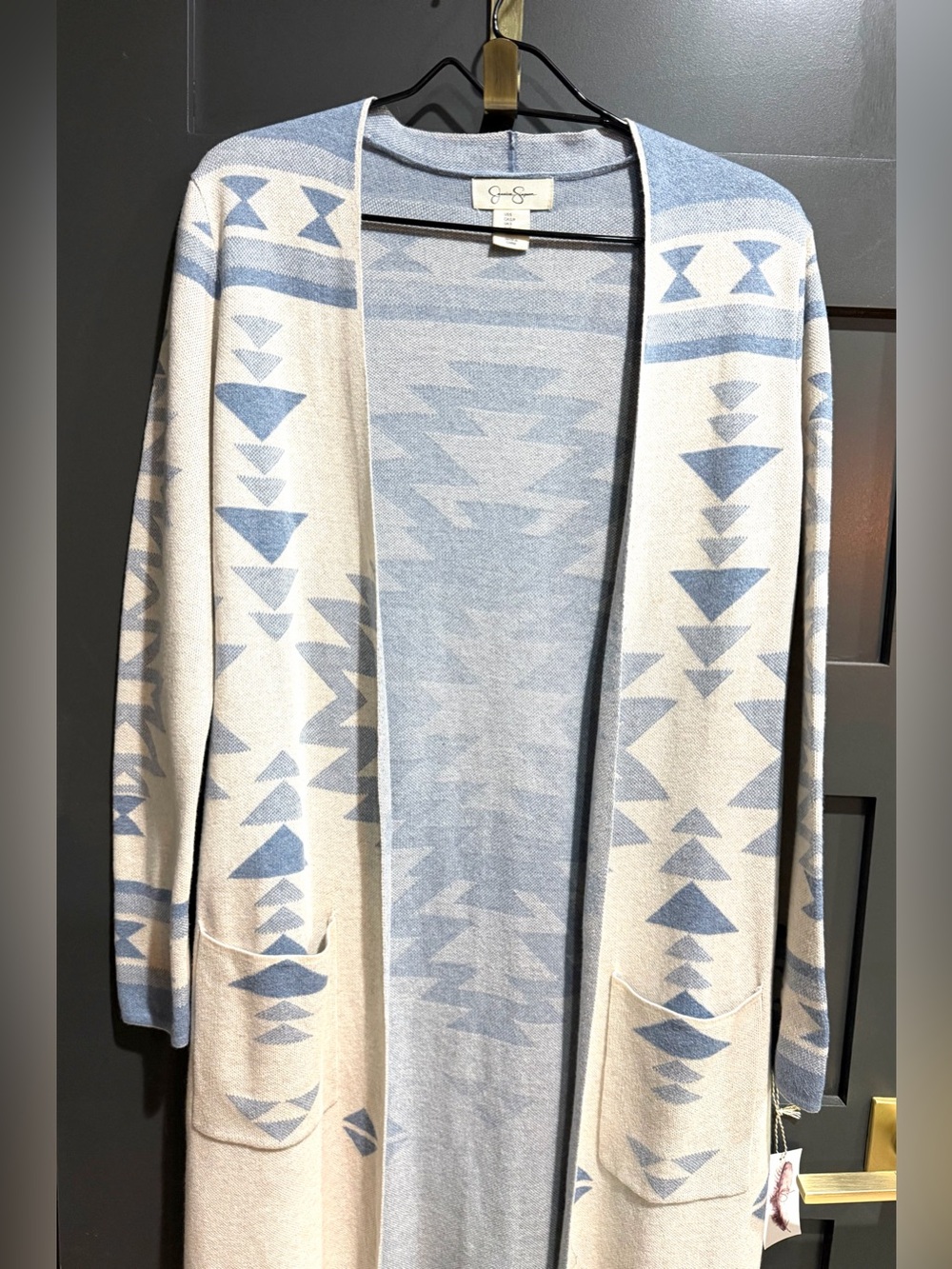 Jessica Simpson Blue & Ivory Southwestern Longline Open Front Cardigan Duster